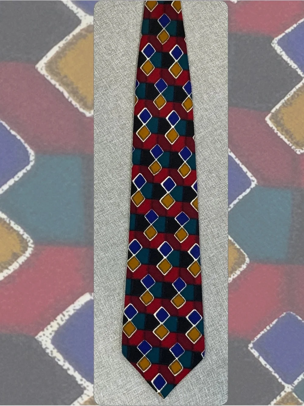 Zylos George Machado Silk Tie Geometric Diamond Burgundy Teal Gold